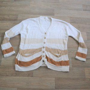 Wishlist Soft Plush Tan Cream Chunky Striped Button Front Sweater Size Med/Large